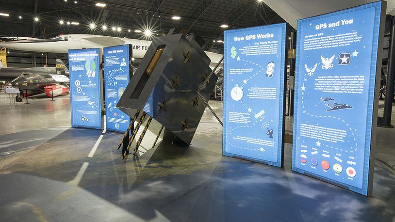 The new GPS exhibit, titled “Global Positioning System and its Impact!” occupies nearly 700 sq. ft. of floor space in the National Museum of the U.S. Air Force and takes the shape of a full-size current replica GPS satellite. Displayed on a large floor graphic of the Earth, the central satellite unit includes 8 interpretive panels where the satellite’s solar panels would be. (U.S. Air Force photo)