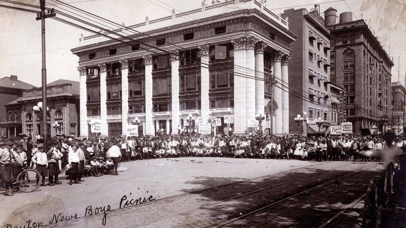 News boys gather in front of the Dayton Daily News building in this early undated photograph. Construction of the Dayton Daily News building was completed in 1910. DAYTON METRO LIBRARY LUTZENBERGER PICTURE COLLECTION