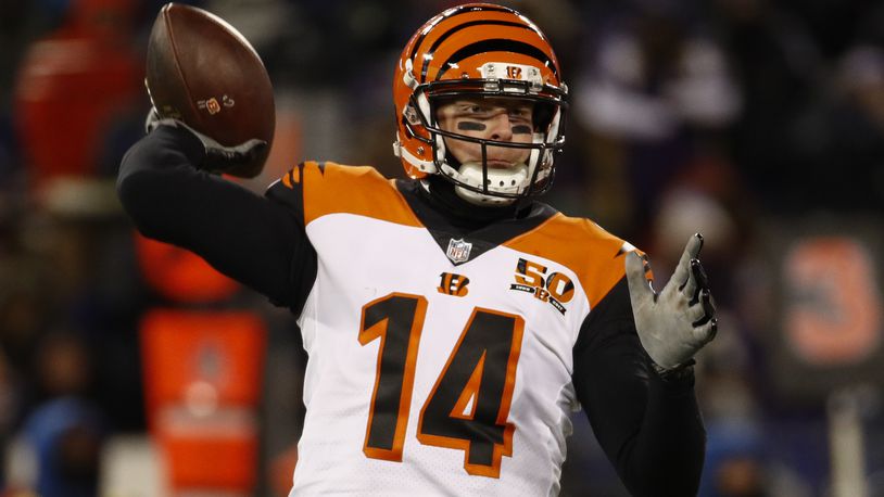Cincinnati Bengals quarterback Andy Dalton (14) passes the ball during the first half of an NFL football game against the Baltimore Ravens in Baltimore, Sunday, Dec 31, 2017. (AP Photo/Patrick Semansky)