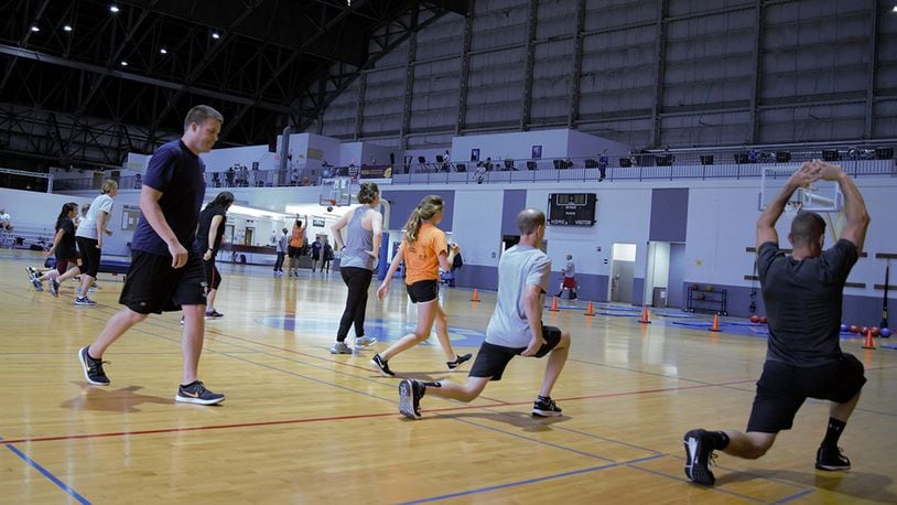 Recreational Specialist Ian Johnston leads a Battle Fit session at the Wright Field Fitness Center. (U.S. Air Force photo/Loren Deer)