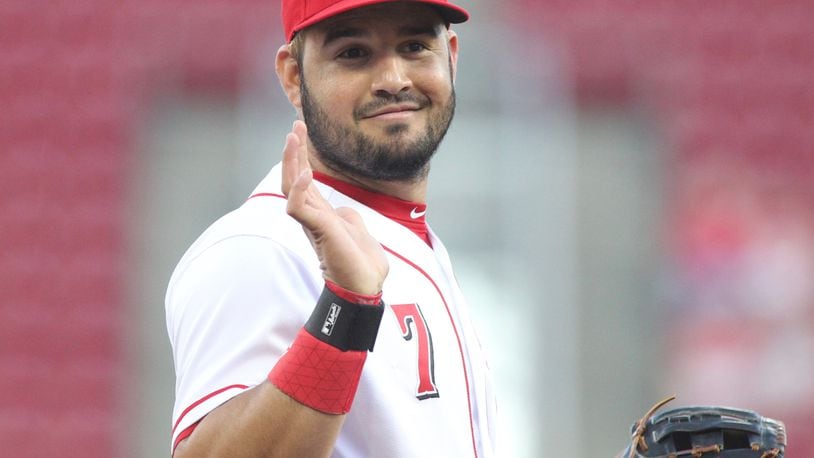 Reds third baseman Eugenio Suarez smiles during a game against the Brewers on Tuesday, May 1, 2018, at Great American Ball Park in Cincinnati. David Jablonski/Staff