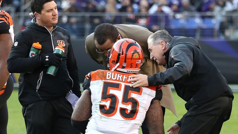 BALTIMORE, MD - NOVEMBER 27: Outside linebacker Vontaze Burfict #55 of the Cincinnati Bengals is attended to on the field after being injured in the third quarter against the Baltimore Ravens at M&T Bank Stadium on November 27, 2016 in Baltimore, Maryland. (Photo by Rob Carr/Getty Images)