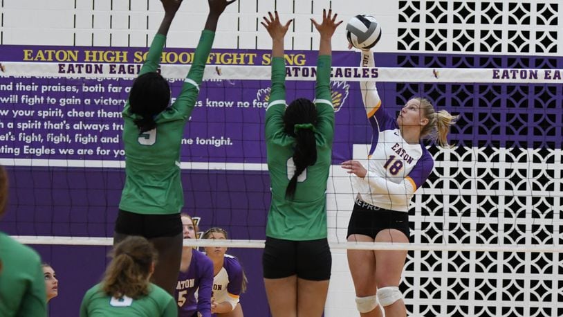 Eaton's Olivia Baumann rises up for a kill during the high school volleyball season. Baumann finished her career with 11 varsity letters and all-time school records in volleyball, softball and basketball. CONTRIBUTED