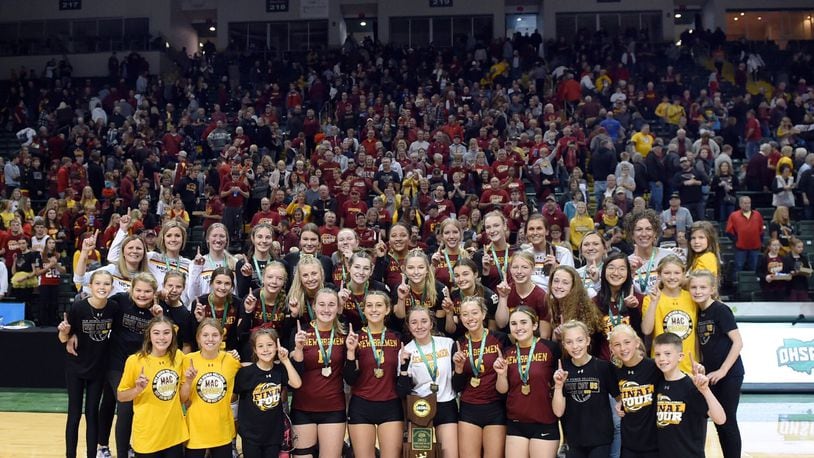 New Bremen won the DIvision IV state volleyball championship Saturday with a straight-sets win over Monroeville at the Nutter Center. Photo courtesy of Ohio High School Athletic Association