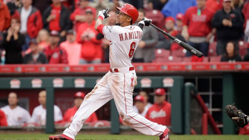 CINCINNATI, OH - APRIL 03: Billy Hamilton #6 of the Cincinnati Reds swings at a pitch in the ninth inning against the Philadelphia Phillies on Opening Day for both teams at Great American Ball Park on April 3, 2017 in Cincinnati, Ohio. (Photo by Andy Lyons/Getty Images)