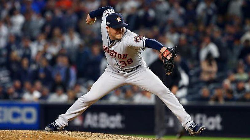 Astros reliever Joe Smithpitches during the eighth inning against the New York Yankees in game three of the American League Championship Series at Yankee Stadium on October 15, 2019 in New York City. (Photo by Mike Stobe/Getty Images)