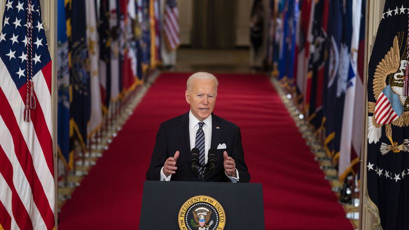 President Joe Biden addresses the nation on the anniversary of the COVID-19 shutdown, from the White House in Washington on Thursday, March 11, 2021. The president is delivering his first prime-time White House address, hours after signing into law a $1.9 trillion stimulus package. (Doug Mills/The New York Times)