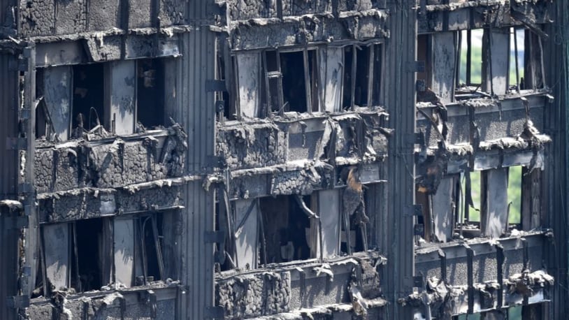 The aftermath of the fire shows the devastation of Grenfell Tower in London.