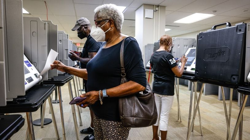 Darline Long votes early with friends at the Montgomery County Board of Election Wednesday July 6, 2022. JIM NOELKER/STAFF