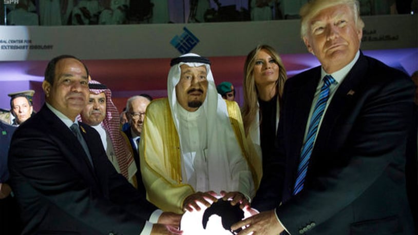 In this Sunday, May 21, 2017 photo released by the Saudi Press Agency, from left to right, Egyptian President Abdel Fattah al-Sissi, Saudi King Salman, U.S. First Lady Melania Trump and President Donald Trump, visit a new Global Center for Combating Extremist Ideology, in Riyadh, Saudi Arabia. (Saudi Press Agency via AP)