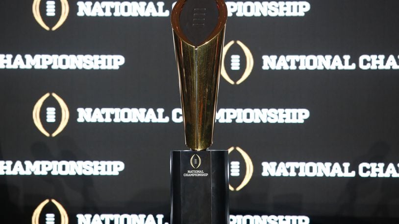 TAMPA, FL - JANUARY 8:   The National Championship Trophy sits on display to members of the media during the College Football Playoff National Championship Head Coaches Press Conference on January 8, 2017 at the Tampa Convention Center in Tampa, Florida. (Photo by Brian Blanco/Getty Images)