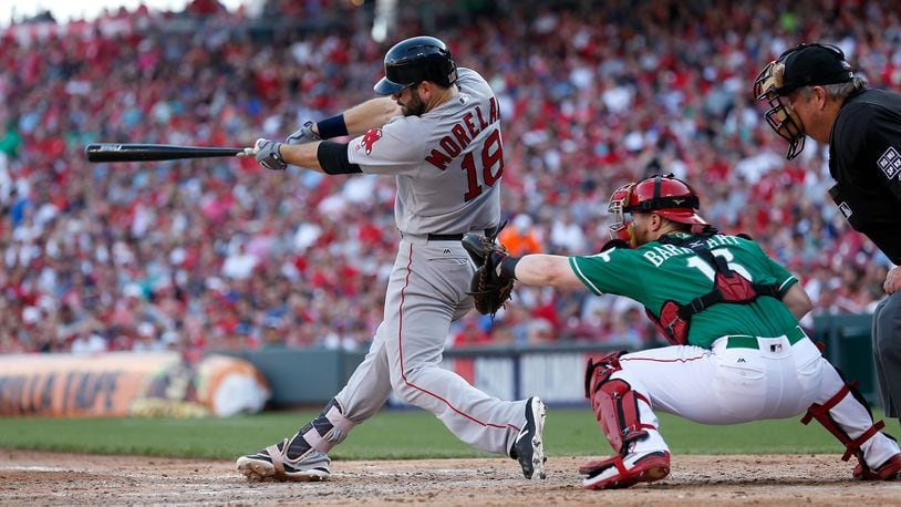 CINCINNATI, OH - SEPTEMBER 23: Mitch Moreland #18 of the Boston Red Sox hits a three-run home run during the sixth inning of the game against the Cincinnati Reds at Great American Ball Park on September 23, 2017 in Cincinnati, Ohio. Boston defeated Cincinnati 5-0. (Photo by Kirk Irwin/Getty Images)