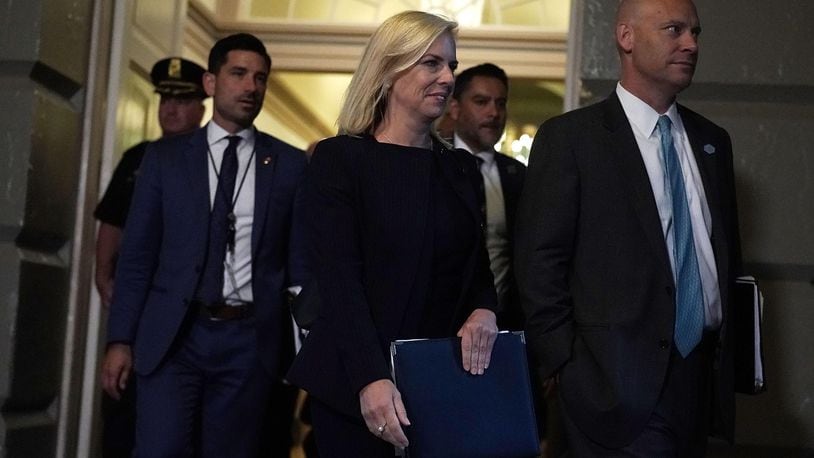 U.S. Secretary of Homeland Security Kirstjen Nielsen (3rd R) and White House Director of Legislative Affairs Marc Short (R) arrive at a meeting between U.S. President Donald Trump and House Republicans at the U.S. Capitol June 19, 2018 in Washington, DC. Trump was on the Hill to discuss immigration with House Republicans.  (Photo by Alex Wong/Getty Images)