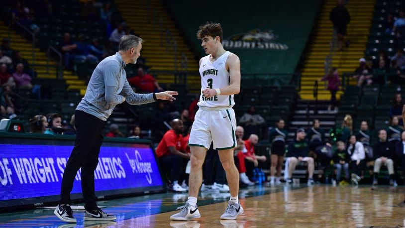 Wright State coach Scott Nagy talks to Alex Huibregtse during a game vs. Detroit Mercy at the Nutter Center on Feb. 8, 2024. Joe Craven/Wright State Athletics