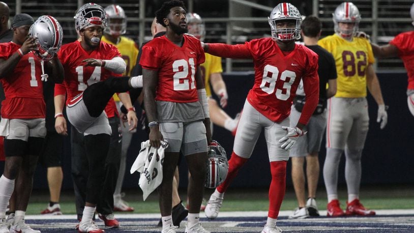 Ohio State’s Parris Campbell (21) and Terry McLaurin (83) stretch during practice at AT&T Stadium on Tuesday, Dec. 26, 2017, in Arlington, Texas. David Jablonski/Staff