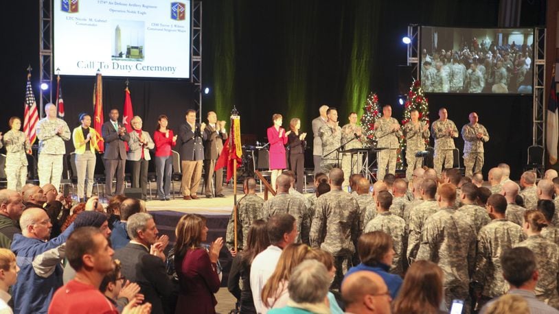 In this 2014 file photo, members of the 1st Battalion, 174th Air Defense Artillery Regiment, Task Force Shiloh, prepared to send over 200 guardsmen on the homeland defense mission known as Operation Noble Eagle in Washington D.C. A deployment ceremony was held for them at Tri County Assembly of God in Fairfield, Saturday, Dec. 6, 2014. GREG LYNCH / STAFF