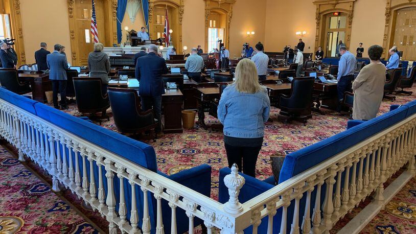 State senators met Wednesday to pass legislation to address the coronavirus crisis. Lawmakers spread out in the Ohio Senate chamber and were instructed to wear casual clothes that can be more easily laundered than dry-clean only suits.