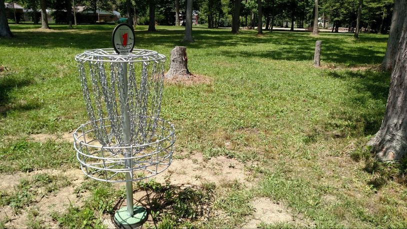 The baskets at the new disc gold course at Helke Park are numbered so that players can follow the course easier. SUBMITTED