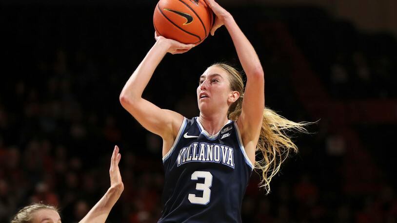 FILE - Villanova guard Lucy Olsen (3) shoots against Oregon State during the second half of an NCAA basketball game on Sunday, Nov. 12, 2023, in Corvallis, Ore. Iowa has added one of the nation’s most productive scorers from last season as the Hawkeyes get ready to begin their post-Caitlin Clark era. Lucy Olsen said on social media Wednesday, April 17, 2024, that she’s joining the Hawkeyes after the former Villanova star entered the transfer portal. (AP Photo/Amanda Loman, File)