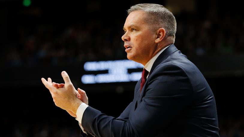 BOISE, ID - MARCH 17:  Head coach Chris Holtmann of the Ohio State Buckeyes reacts during the first half against the Gonzaga Bulldogs in the second round of the 2018 NCAA Men's Basketball Tournament at Taco Bell Arena on March 17, 2018 in Boise, Idaho.  (Photo by Kevin C. Cox/Getty Images)
