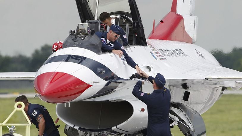 The U.S. Air Force Thunderbirds arrived at the Dayton International Airport on Monday in preparation for the upcoming Vectren Dayton Air Show. TY GREENLEES / STAFF