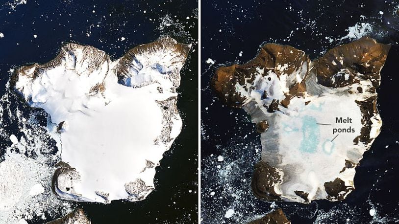 NASA’s Earth Observatory released images of dramatic melting of ice caps on Antarctica taken at a time earlier this month when the continent recorded record high temperatures. NASA Earth Observatory images by Joshua Stevens, using Landsat data from the U.S. Geological Survey