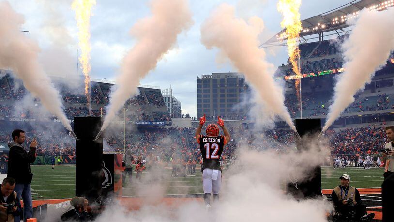 CINCINNATI, OH - OCTOBER 28: Alex Erickson #12 of the Cincinnati Bengals runs on to the field while being introduced to the crowd prior to the start of the game against the Tampa Bay Buccaneers at Paul Brown Stadium on October 28, 2018 in Cincinnati, Ohio. (Photo by Andy Lyons/Getty Images)