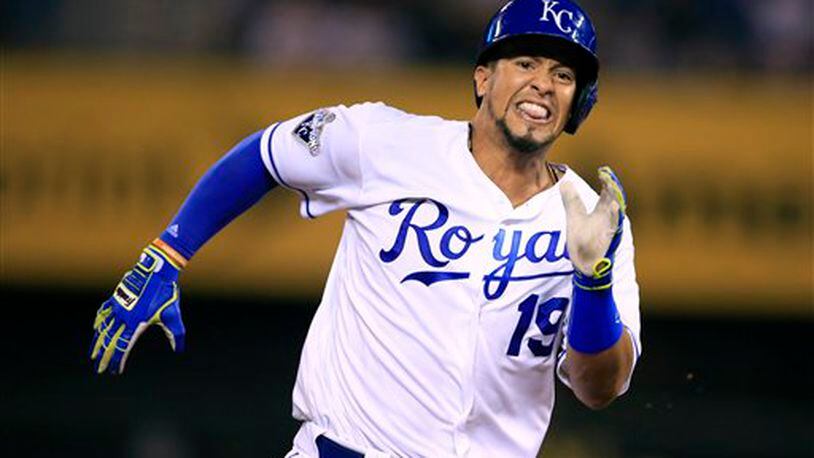 Kansas City Royals' Cheslor Cuthbert during a baseball game against the Chicago White Sox at Kauffman Stadium in Kansas City, Mo., Thursday, Aug. 11, 2016. (AP Photo/Orlin Wagner)