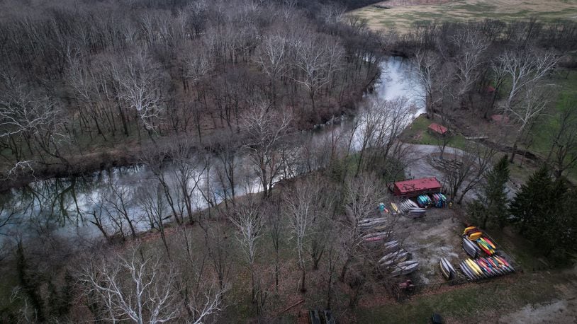 A drone photograph of  Bellbrook Canoe Rental and the Little Miami River near Washington Mill Road.  A study conducted on the portion of the Little Miami River in Greene County shows the scenic state river has economic development potential with recreation and other uses.