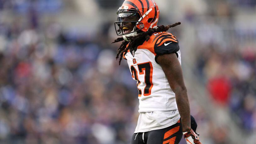 BALTIMORE, MD - NOVEMBER 18: Cornerback Dre Kirkpatrick #27 of the Cincinnati Bengals reacts after a play in the third quarter against the Baltimore Ravens at M&T Bank Stadium on November 18, 2018 in Baltimore, Maryland. (Photo by Patrick Smith/Getty Images)