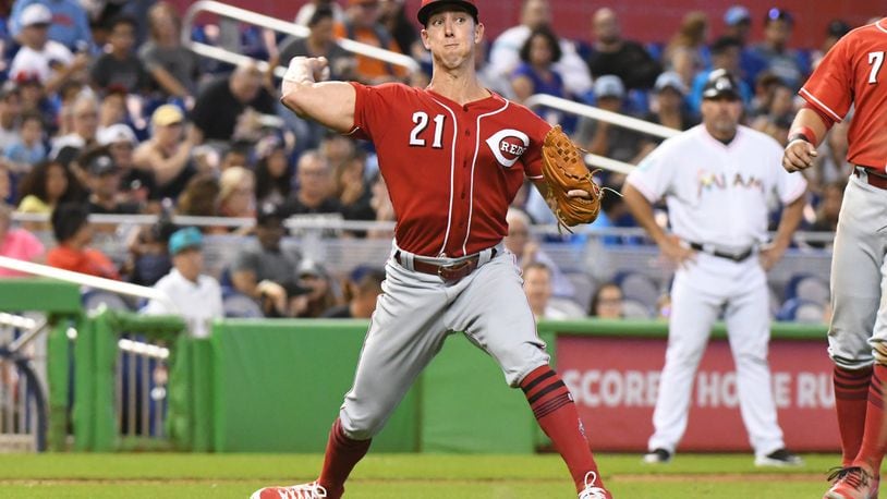 MIAMI, FL - SEPTEMBER 23: Michael Lorenzen #21 of the Cincinnati Reds throws to first base during the fourth inning against the Miami Marlins at Marlins Park on September 23, 2018 in Miami, Florida. (Photo by Eric Espada/Getty Images)