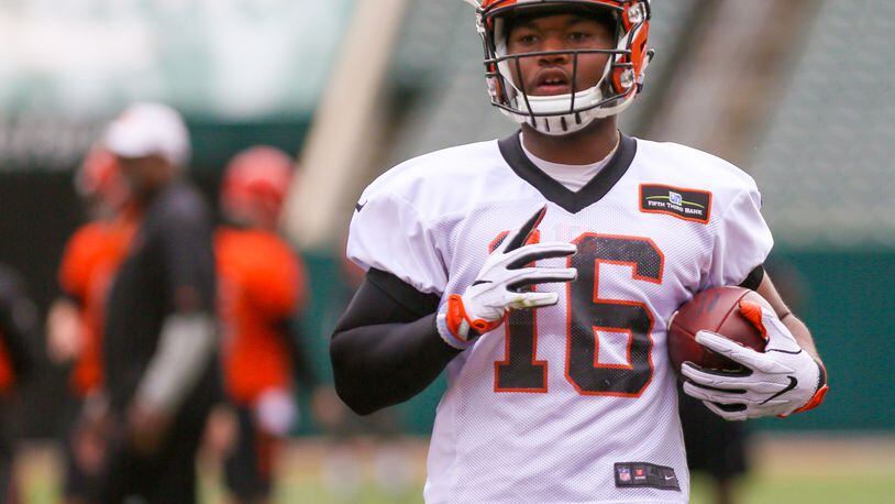 Bengals wide receiver Cody Core (16) participates in a team practice at Paul Brown Stadium, Tuesday, June 13, 2017. GREG LYNCH / STAFF