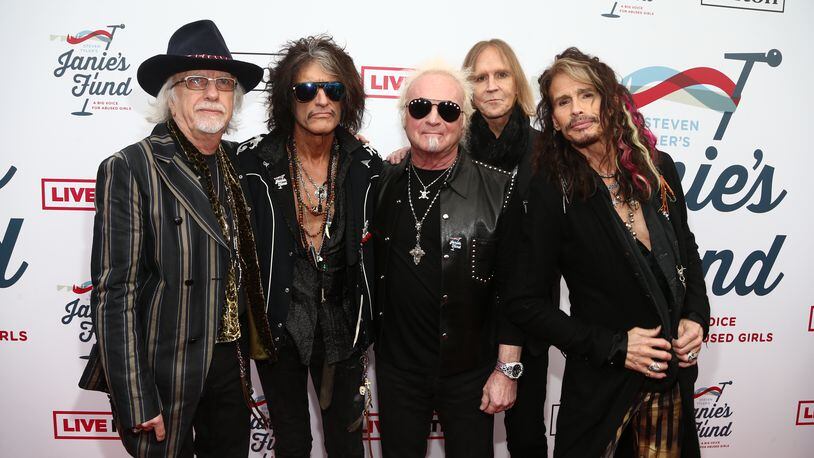 LOS ANGELES, CA - FEBRUARY 10:  (L-R) Brad Whitford, Joe Perry, Joey Kramer, Tom Hamilton and Steven Tyler of Aerosmith attend Steven Tyler's Second Annual GRAMMY Awards Viewing Party to benefit Janie's Fund presented by Live Nation at Raleigh Studios on February 10, 2019 in Los Angeles, California.  (Photo by Tommaso Boddi/Getty Images for Janie's Fund)