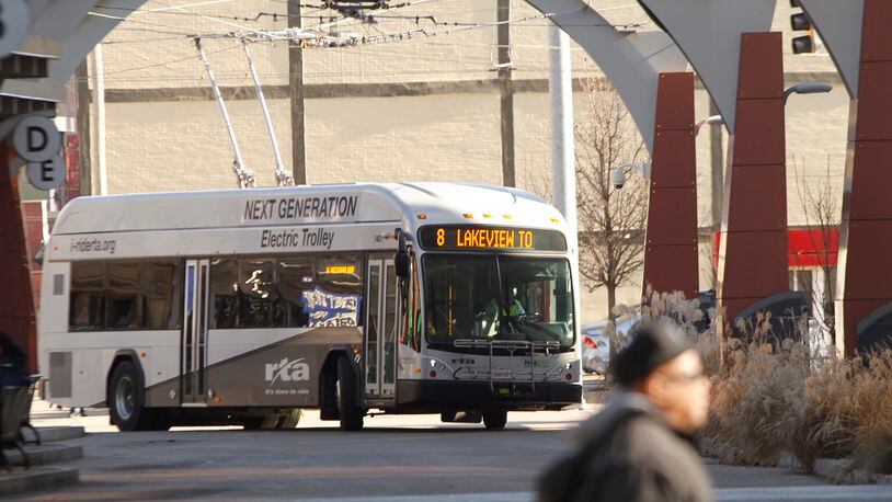 A Greater Dayton RTA trolley pulls into Wright Stop Plaza in downtown Dayton. TY GREENLEES / STAFF