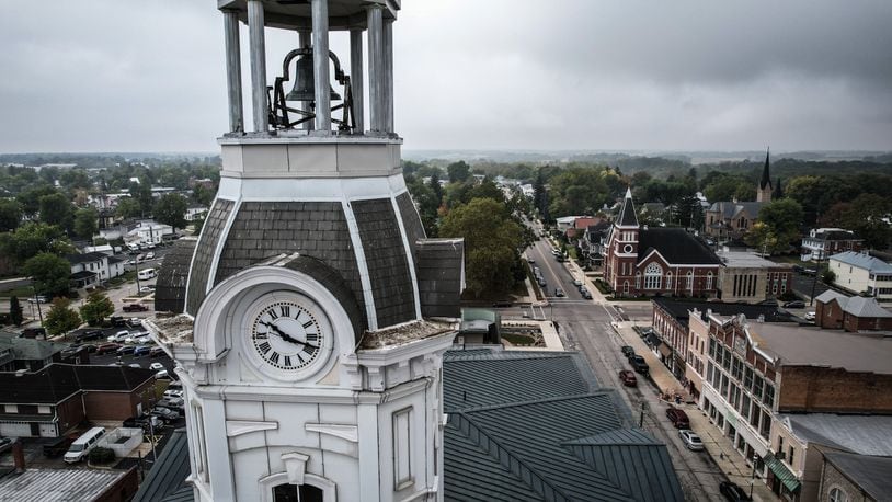 Greenville is the county seat with a bell and clock tower above the courthouse. JIM NOELKER/STAFF