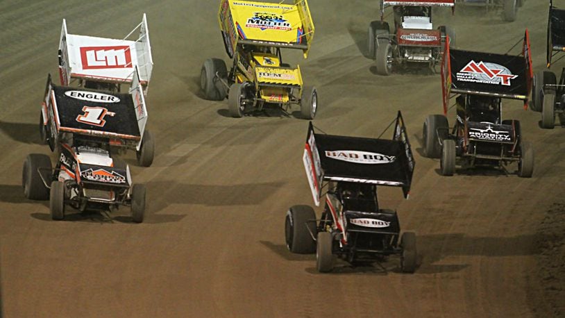 Donny Schatz (front, middle) snapped a six-year drought at Eldora Speedway by winning both the World of Outlaws winged sprint car features on Friday and Saturday night. Greg Billing / STAFF