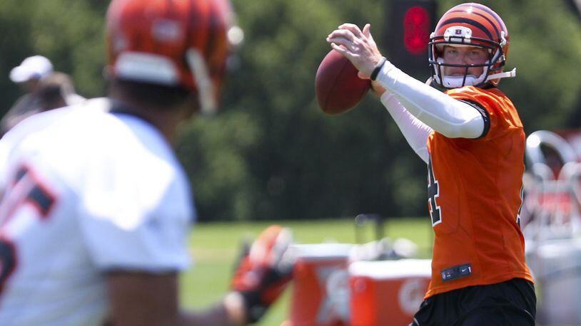 Bengals quarterback Andy Dalton (14) runs through drills during the first day of minicamp at Paul Brown Stadium, Tuesday, June 11, 2013. GREG LYNCH / STAFF