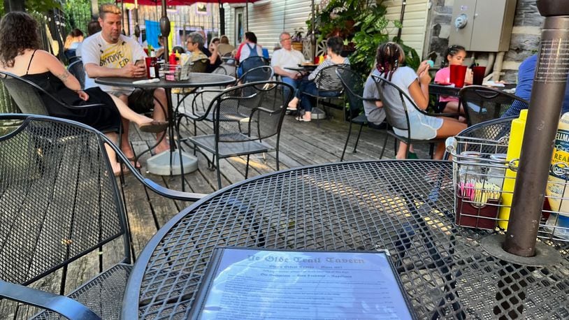 The patio at Ye Olde Trail Tavern in Yellow Springs is a lovely spot to grab a drink or a meal or both.