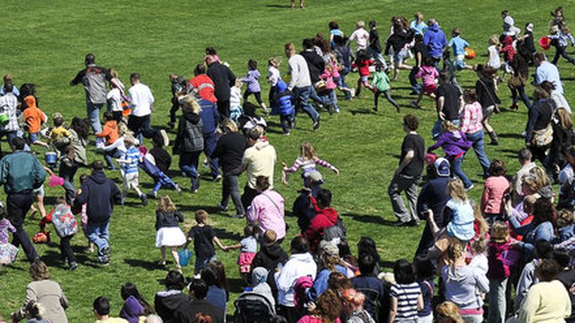 Young's Jersey Dairy held their 30th annual Easter Egg Hunt Sunday. Hundreds of children and their parents dashed across the Dairy's driving range trying to collect their share of the 5,400 hard boiled and dyed Easter Eggs during the annual tradition.