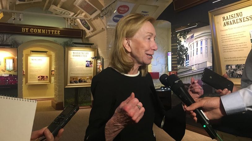 Author and American historian Doris Kearns Goodwin fields media questions at the Ohio Statehouse about politics past and present.