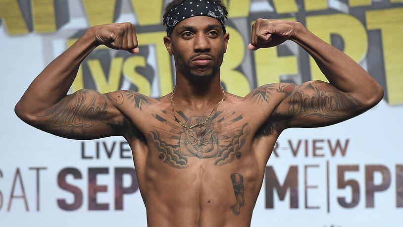LAS VEGAS, NV - SEPTEMBER 11: Boxer Chris Pearson poses on the scale during his official weigh-in at MGM Grand Garden Arena on September 11, 2015 in Las Vegas, Nevada. Pearson will face Janks Trotter in a middleweight bout on September 12 at MGM Grand in Las Vegas.. (Photo by Ethan Miller/Getty Images)