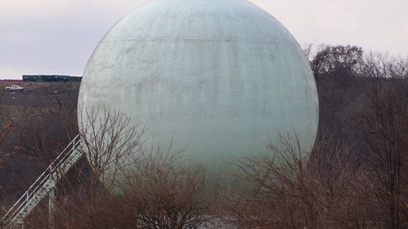 A gas storage sphere at Dayton's water reclamation facility. The sphere can hold about 300,000 cubic feet of compressed gas.  CORNELIUS FROLIK / STAFF