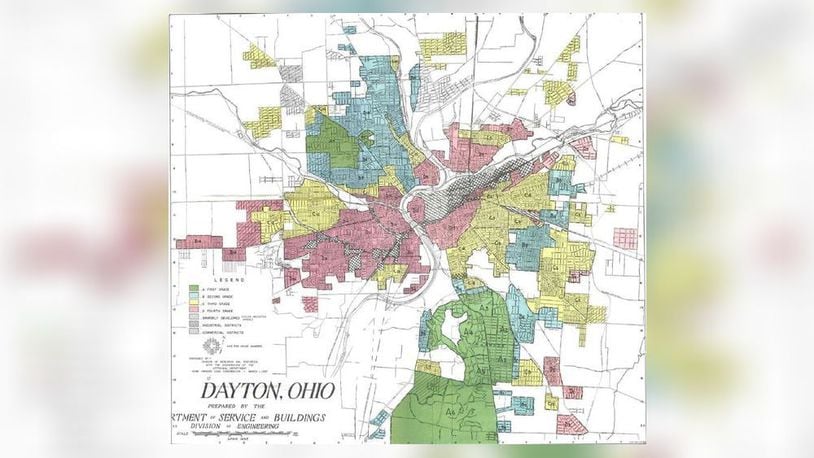 Redlining map of Dayton created by the Home Owners’ Loan Corporation in 1935. Red areas show parts of town deemed most at risk for bank loans because of factors including the racial makeup of who lived there.