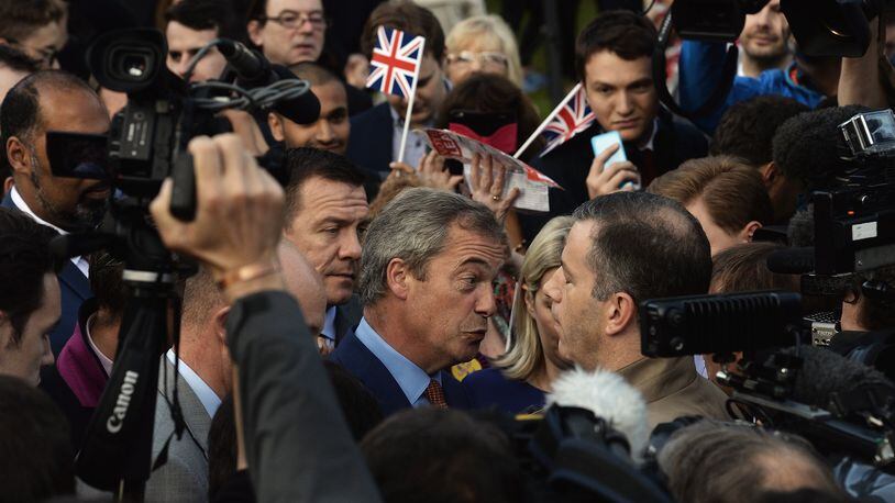 Nigel Farage, a leader of the “leave” movement, speaks to the media following the results of the EU referendum. (Photo by Mary Turner/Getty Images)