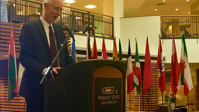 Wright State Provost Tom Sudkamp speaks at a dinner for international education week at Wright State last fall. Sudkamp said that President Donald Trump is having a negative impact on international student enrollment.