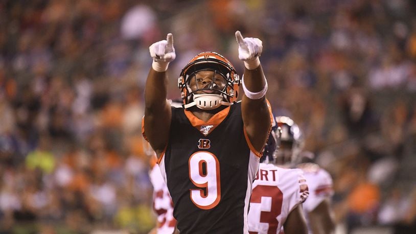 Damion Willis of the Cincinnati Bengals celebrates after scoring a touchdown in the fourth quarter of the preseason game against New York Giants at Paul Brown Stadium last Thursday in Cincinnati. (Photo by Bobby Ellis/Getty Images)
