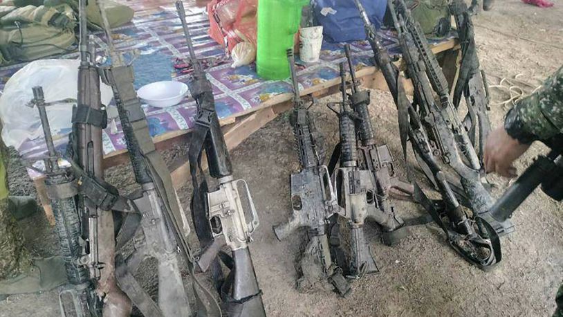 FILE - In this handout photo provided by the Philippine Army 6th Infantry Division, recovered firearms from suspected members of the Bangsamoro Islamic Freedom Fighters are seen after a gunbattle with Philippine troops at Datu Saudi Ampatuan town in Maguindanao del Sur province, southern Philippines, on April 22, 2024. Philippine forces killed an Abu Sayyaf militant, who had been implicated in past beheadings, including of 10 Filipino marines and two kidnapped Vietnamese, in a clash in the south, police officials said Friday, April 26. (Philippine Army 6th Infantry Division via AP, File)