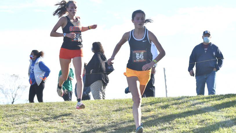 Centerville's Mia Robillard (66) finished third and Beavercreek's Jiliann Willams (30) fifth at the D-I regional meet. The Elks took first and the Beavers finished fifth in the team race. Greg Billing/CONTRIBUTED