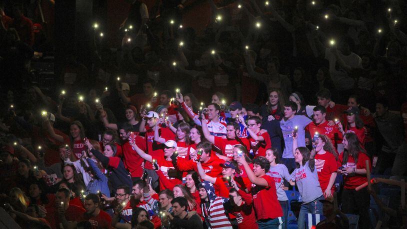 Dayton fans cheer during pregame introductions against George Mason on Feb. 21, 2017, at UD Arena. David Jablonski/Staff