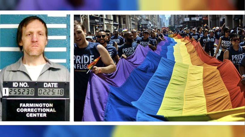 Edward A. Terry, 49, left, was charged Tuesday, June 18, 2019, with making a terrorist threat for vowing to "kill every gay person he can" at St. Louis' upcoming PrideFest. At right, revelers carry a rainbow flag along Fifth Avenue during the June 24, 2018, New York City Pride Parade.